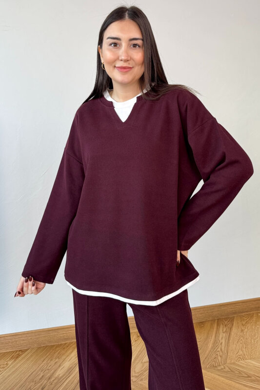 TKM-1052 Bordo Tişört Detaylı V Yaka Selanik Triko & Salaş Pantolon İkili Takım - 6