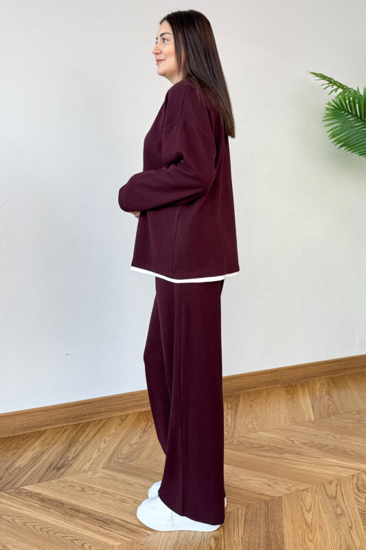 TKM-1052 Bordo Tişört Detaylı V Yaka Selanik Triko & Salaş Pantolon İkili Takım - 7