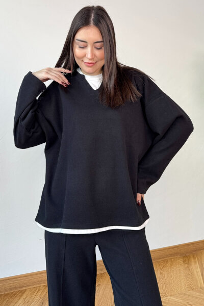 TKM-1052 Siyah Tişört Detaylı V Yaka Selanik Triko & Salaş Pantolon İkili Takım - 2