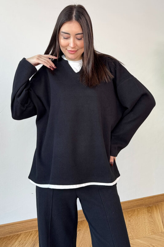 TKM-1052 Siyah Tişört Detaylı V Yaka Selanik Triko & Salaş Pantolon İkili Takım - 2