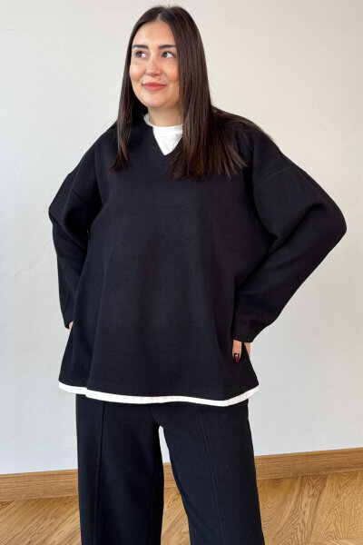 TKM-1052 Siyah Tişört Detaylı V Yaka Selanik Triko & Salaş Pantolon İkili Takım - 3