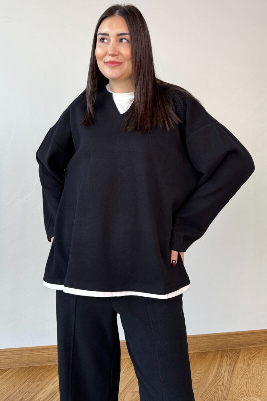 TKM-1052 Siyah Tişört Detaylı V Yaka Selanik Triko & Salaş Pantolon İkili Takım - 3