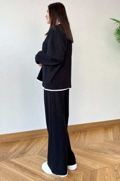 TKM-1052 Siyah Tişört Detaylı V Yaka Selanik Triko & Salaş Pantolon İkili Takım - 4