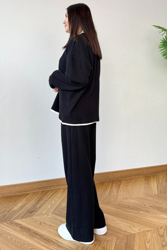 TKM-1052 Siyah Tişört Detaylı V Yaka Selanik Triko & Salaş Pantolon İkili Takım - 4