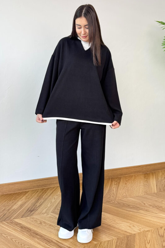 TKM-1052 Siyah Tişört Detaylı V Yaka Selanik Triko & Salaş Pantolon İkili Takım - 5