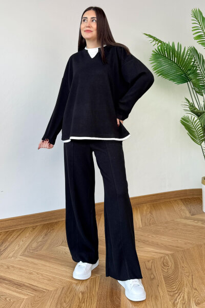 TKM-1052 Siyah Tişört Detaylı V Yaka Selanik Triko & Salaş Pantolon İkili Takım - 1