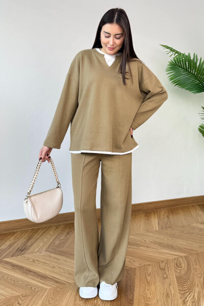 TKM-1052 Vizon Tişört Detaylı V Yaka Sweat & Salaş Pantolon İkili Takım - 3