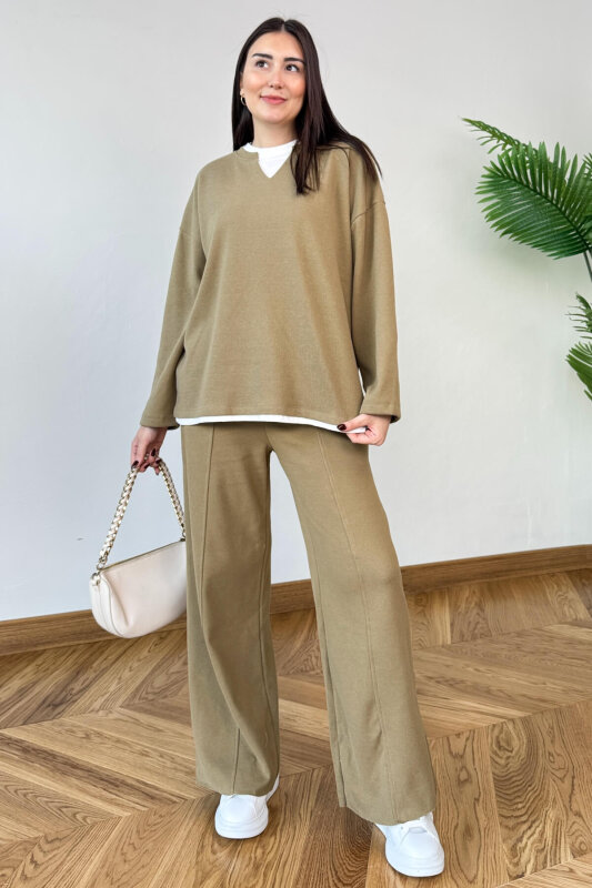 TKM-1052 Vizon Tişört Detaylı V Yaka Sweat & Salaş Pantolon İkili Takım - 4