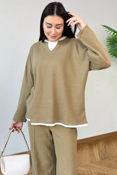 TKM-1052 Vizon Tişört Detaylı V Yaka Sweat & Salaş Pantolon İkili Takım - 2