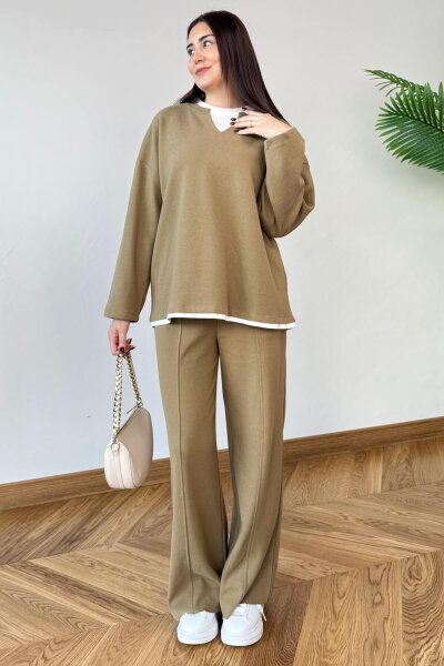 TKM-1052 Vizon Tişört Detaylı V Yaka Sweat & Salaş Pantolon İkili Takım - 1