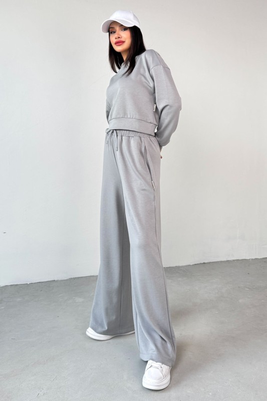 TKM-1103 Boyama Gri Modal Kumaş Crop Salaş Bluz Bel Lastikli Palazzo Alt İkili Takım - 3