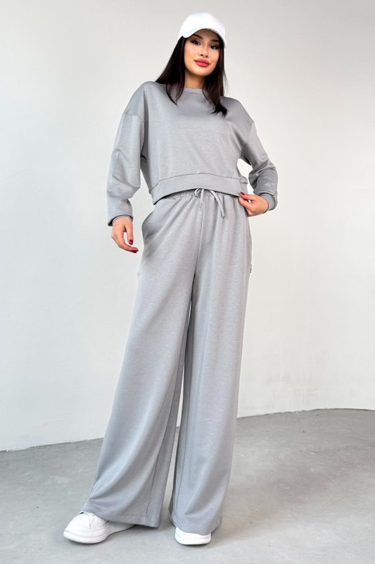 TKM-1103 Boyama Gri Modal Kumaş Crop Salaş Bluz Bel Lastikli Palazzo Alt İkili Takım - 4