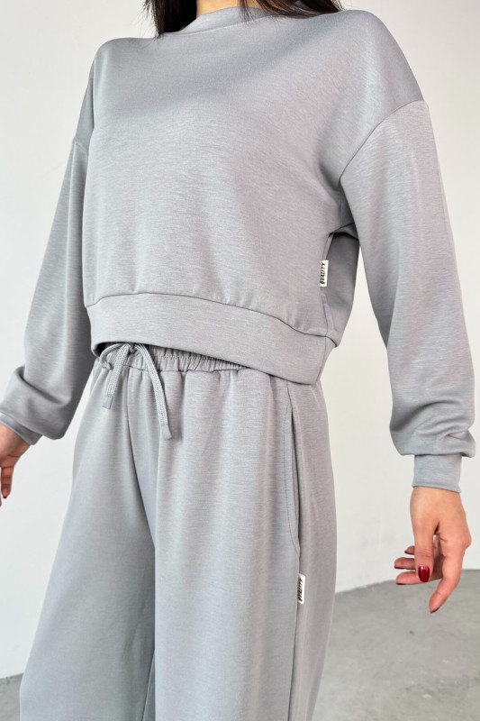 TKM-1103 Boyama Gri Modal Kumaş Crop Salaş Bluz Bel Lastikli Palazzo Alt İkili Takım - 5