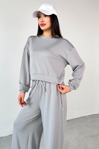 TKM-1103 Boyama Gri Modal Kumaş Crop Salaş Bluz Bel Lastikli Palazzo Alt İkili Takım - Cappmoda (1)