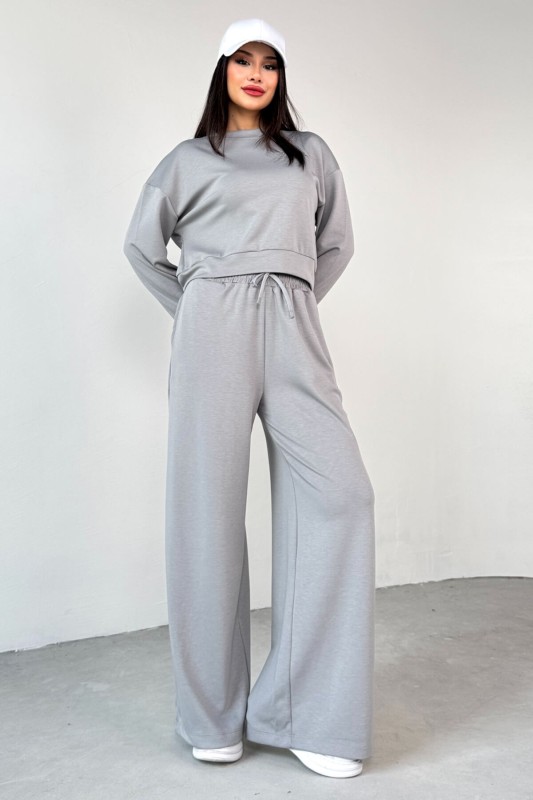 TKM-1103 Boyama Gri Modal Kumaş Crop Salaş Bluz Bel Lastikli Palazzo Alt İkili Takım - 1