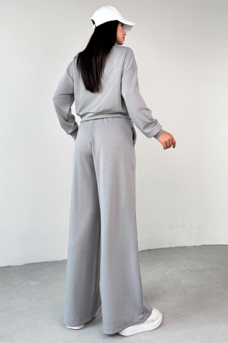 TKM-1103 Boyama Gri Modal Kumaş Crop Salaş Bluz Bel Lastikli Palazzo Alt İkili Takım - 6