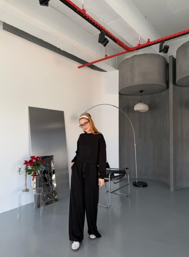 TKM-1103 Siyah Modal Kumaş Crop Salaş Bluz Bel Lastikli Palazzo Alt İkili Takım - Cappmoda