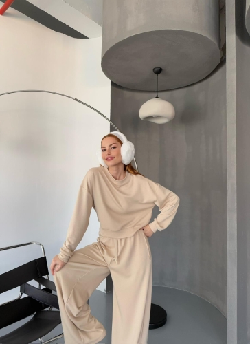 TKM-1103 Taş Rengi Modal Kumaş Crop Salaş Bluz Bel Lastikli Palazzo Alt İkili Takım - Cappmoda