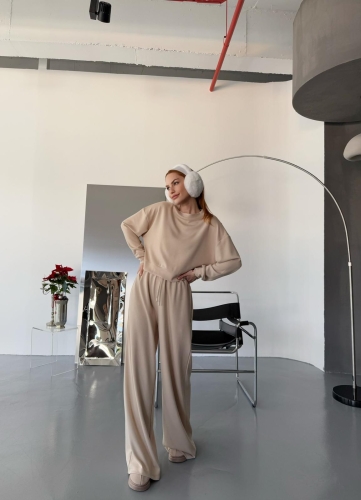 TKM-1103 Taş Rengi Modal Kumaş Crop Salaş Bluz Bel Lastikli Palazzo Alt İkili Takım - 2