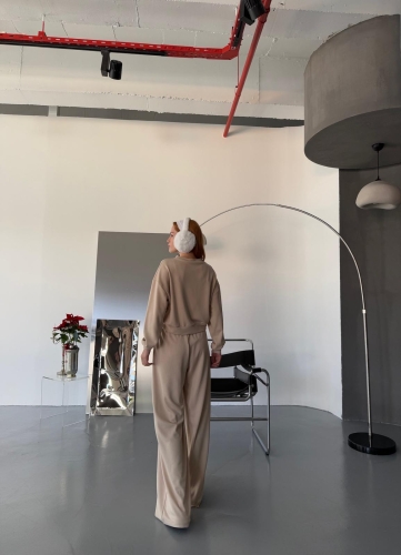 TKM-1103 Taş Rengi Modal Kumaş Crop Salaş Bluz Bel Lastikli Palazzo Alt İkili Takım - 4