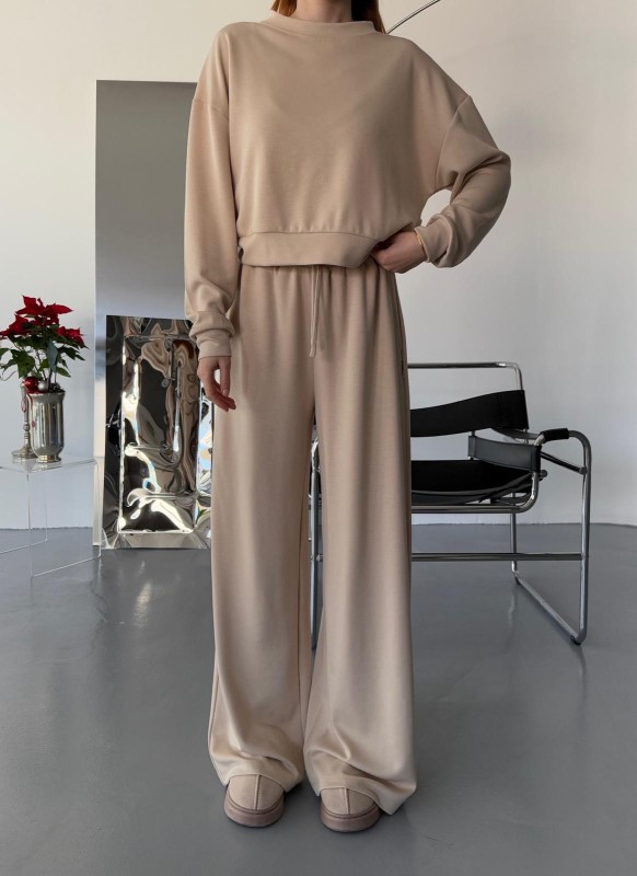 TKM-1103 Taş Rengi Modal Kumaş Crop Salaş Bluz Bel Lastikli Palazzo Alt İkili Takım - 3