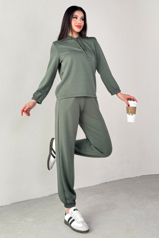 TKM-1104 Haki Modal Kumaş Kapüşonlu Bluz Jogger Alt İkili Salaş Takım - 1