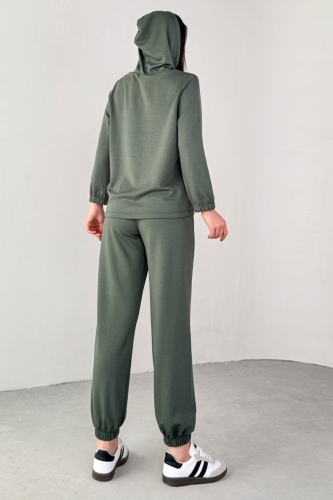 TKM-1104 Haki Modal Kumaş Kapüşonlu Bluz Jogger Alt İkili Salaş Takım - 6