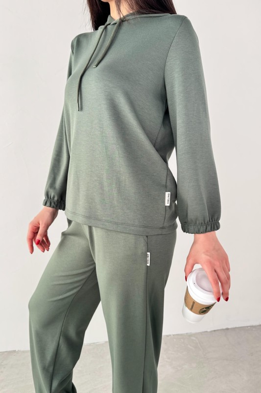 TKM-1104 Haki Modal Kumaş Kapüşonlu Bluz Jogger Alt İkili Salaş Takım - 7