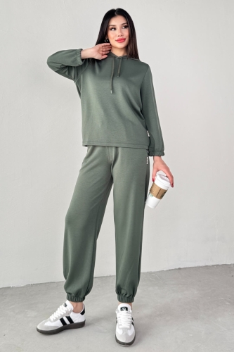 TKM-1104 Haki Modal Kumaş Kapüşonlu Bluz Jogger Alt İkili Salaş Takım - 3