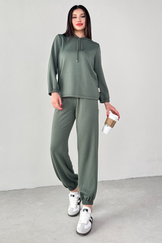 TKM-1104 Haki Modal Kumaş Kapüşonlu Bluz Jogger Alt İkili Salaş Takım - 4