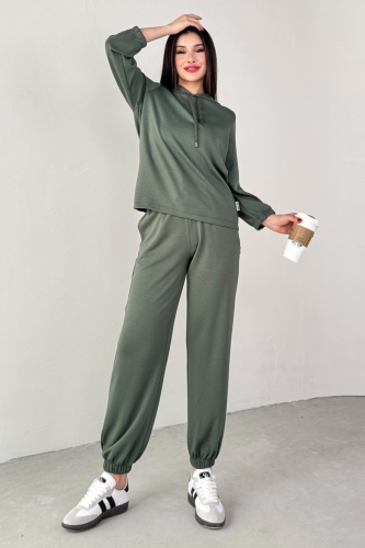 TKM-1104 Haki Modal Kumaş Kapüşonlu Bluz Jogger Alt İkili Salaş Takım - 5
