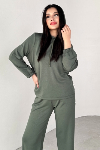 TKM-1104 Haki Modal Kumaş Kapüşonlu Bluz Jogger Alt İkili Salaş Takım (1)
