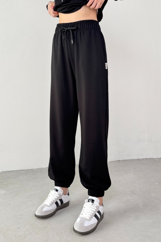 TKM-1104 Siyah Modal Kumaş Kapüşonlu Bluz Jogger Alt İkili Salaş Takım - 2