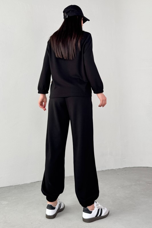 TKM-1104 Siyah Modal Kumaş Kapüşonlu Bluz Jogger Alt İkili Salaş Takım - 3