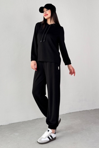 TKM-1104 Siyah Modal Kumaş Kapüşonlu Bluz Jogger Alt İkili Salaş Takım - 4
