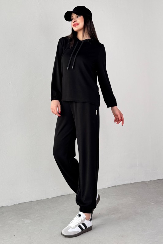 TKM-1104 Siyah Modal Kumaş Kapüşonlu Bluz Jogger Alt İkili Salaş Takım - 4