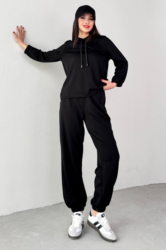 TKM-1104 Siyah Modal Kumaş Kapüşonlu Bluz Jogger Alt İkili Salaş Takım - 1