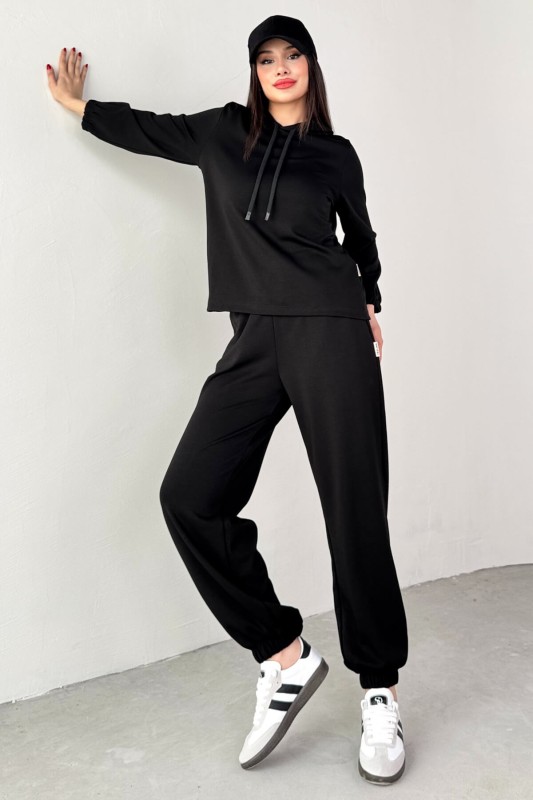 TKM-1104 Siyah Modal Kumaş Kapüşonlu Bluz Jogger Alt İkili Salaş Takım - 5