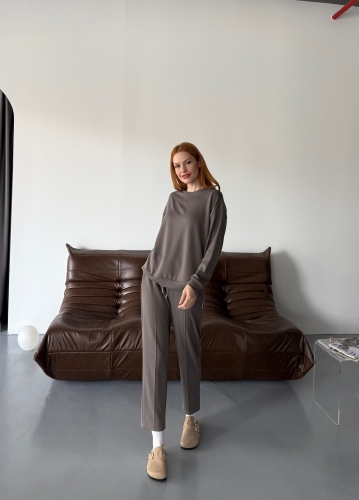 TKM-1105 Antrasit Modal Kumaş Salaş Bluz Çimalı Havuç Pantolon İkili Takım - 1