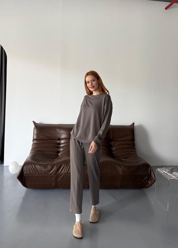 TKM-1105 Antrasit Modal Kumaş Salaş Bluz Çimalı Havuç Pantolon İkili Takım - 1