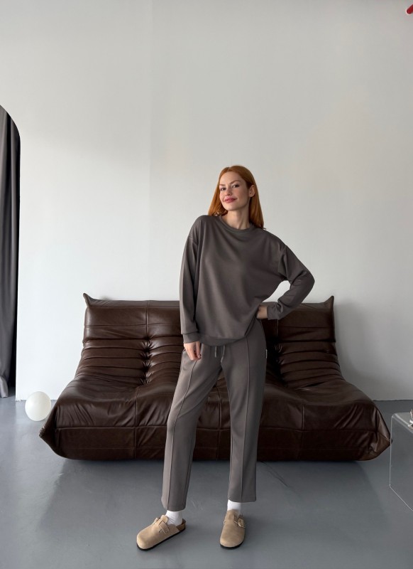 TKM-1105 Antrasit Modal Kumaş Salaş Bluz Çimalı Havuç Pantolon İkili Takım - 3