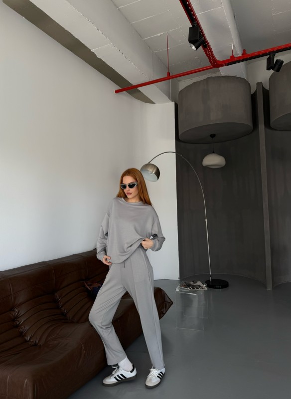 TKM-1105 Boyama Gri Modal Kumaş Salaş Bluz Çimalı Havuç Pantolon İkili Takım - 3