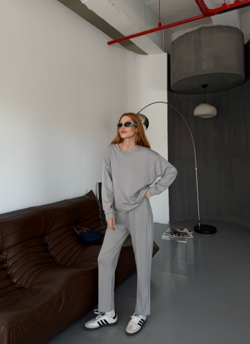 TKM-1105 Boyama Gri Modal Kumaş Salaş Bluz Çimalı Havuç Pantolon İkili Takım 