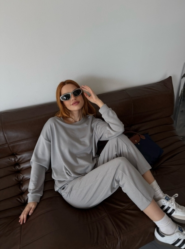 TKM-1105 Boyama Gri Modal Kumaş Salaş Bluz Çimalı Havuç Pantolon İkili Takım - 4