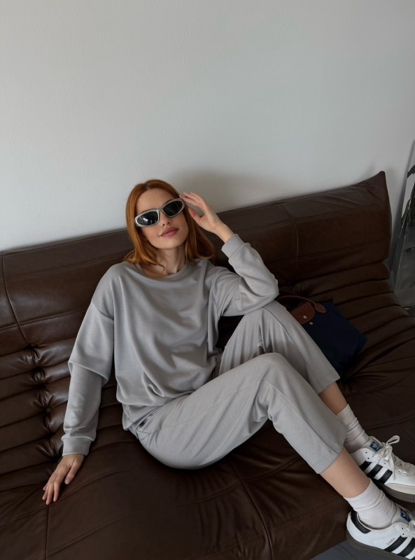 TKM-1105 Boyama Gri Modal Kumaş Salaş Bluz Çimalı Havuç Pantolon İkili Takım - 4