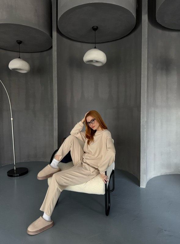 TKM-1105 Taş Rengi Modal Kumaş Salaş Bluz Çimalı Havuç Pantolon İkili Takım - 3