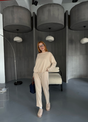 TKM-1105 Taş Rengi Modal Kumaş Salaş Bluz Çimalı Havuç Pantolon İkili Takım - 5