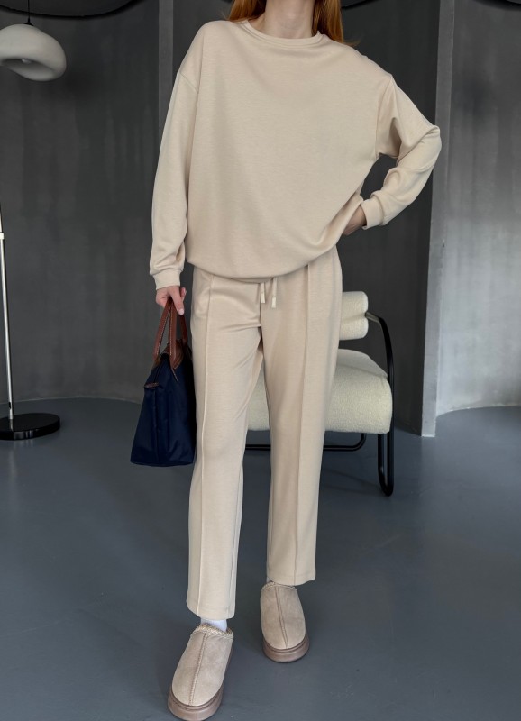 TKM-1105 Taş Rengi Modal Kumaş Salaş Bluz Çimalı Havuç Pantolon İkili Takım - 2