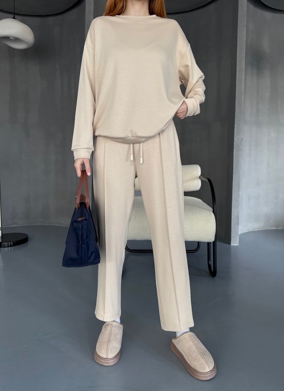 TKM-1105 Taş Rengi Modal Kumaş Salaş Bluz Çimalı Havuç Pantolon İkili Takım - 4