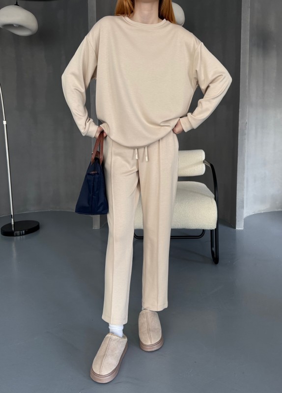 TKM-1105 Taş Rengi Modal Kumaş Salaş Bluz Çimalı Havuç Pantolon İkili Takım - 6